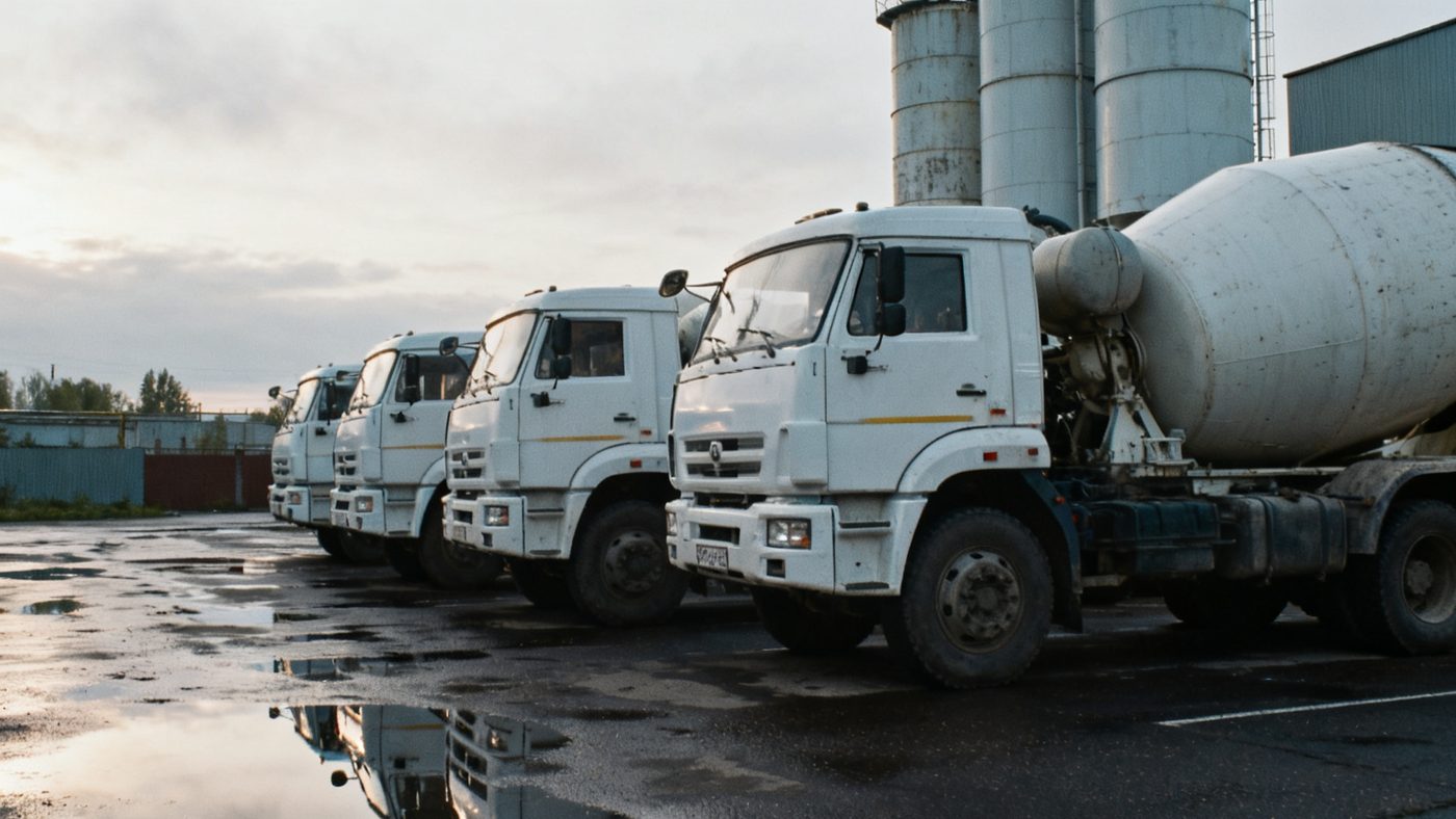 Автопарк автобетоносмесителей на территории завода